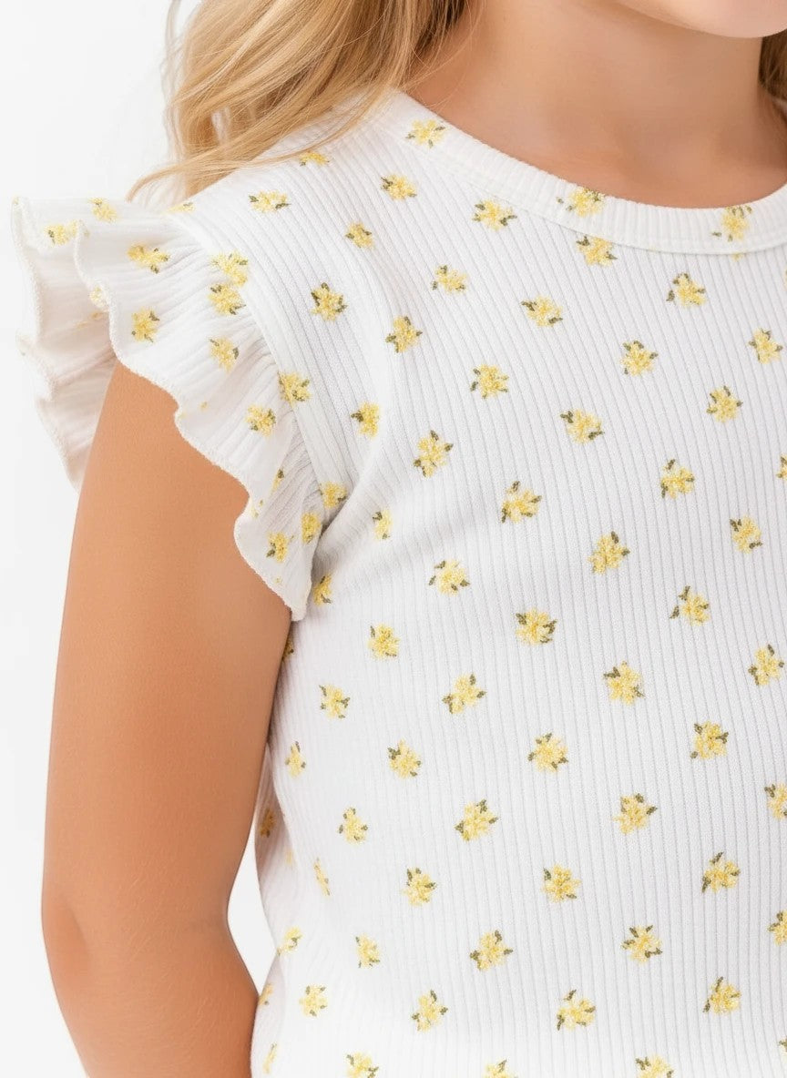 The Nile Luxuries girls white ribbed top with yellow floral print and flutter ruffle sleeves