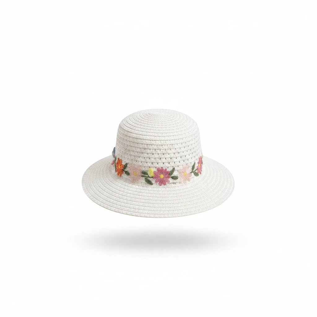 The Nile Luxuries white straw sun hat for toddlers featuring a colorful floral embroidered band and wide brim.