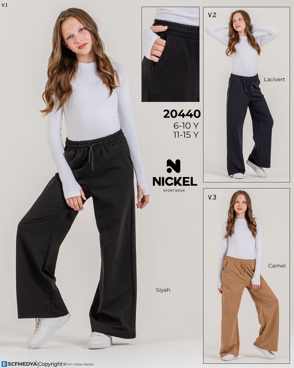 The Nile Luxuries NICKEL SPORTWEAR wide-leg lounge pants with elastic drawstring waist and pockets in black and camel