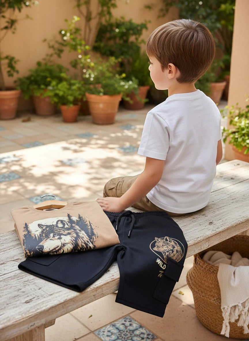 The Nile Luxuries boy's outfit set with a wolf graphic t-shirt and black cargo shorts on a wooden bench.