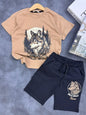The Nile Luxuries kids outfit with tan wolf graphic t-shirt and black cargo shorts featuring drawstring waist.