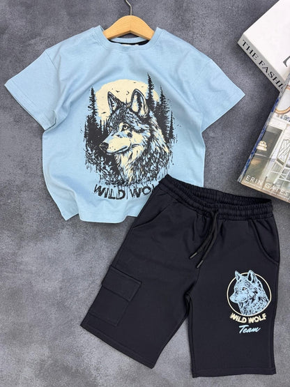 The Nile Luxuries light blue graphic t-shirt and black cargo shorts set featuring a wolf print for active boys.