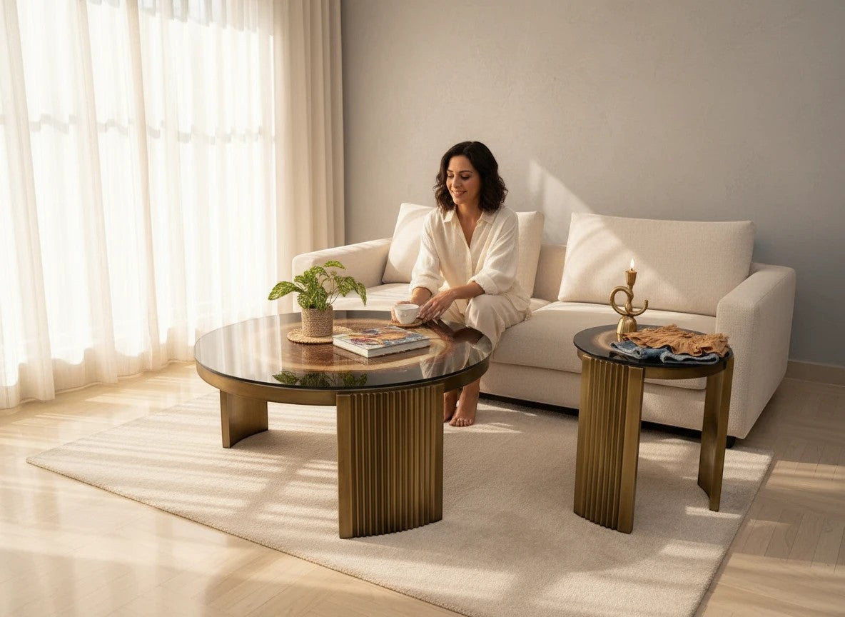 The Nile Luxuries rustic wood slice coffee table set with brass pedestal bases and dark resin border. A woman sits on a cream sofa.