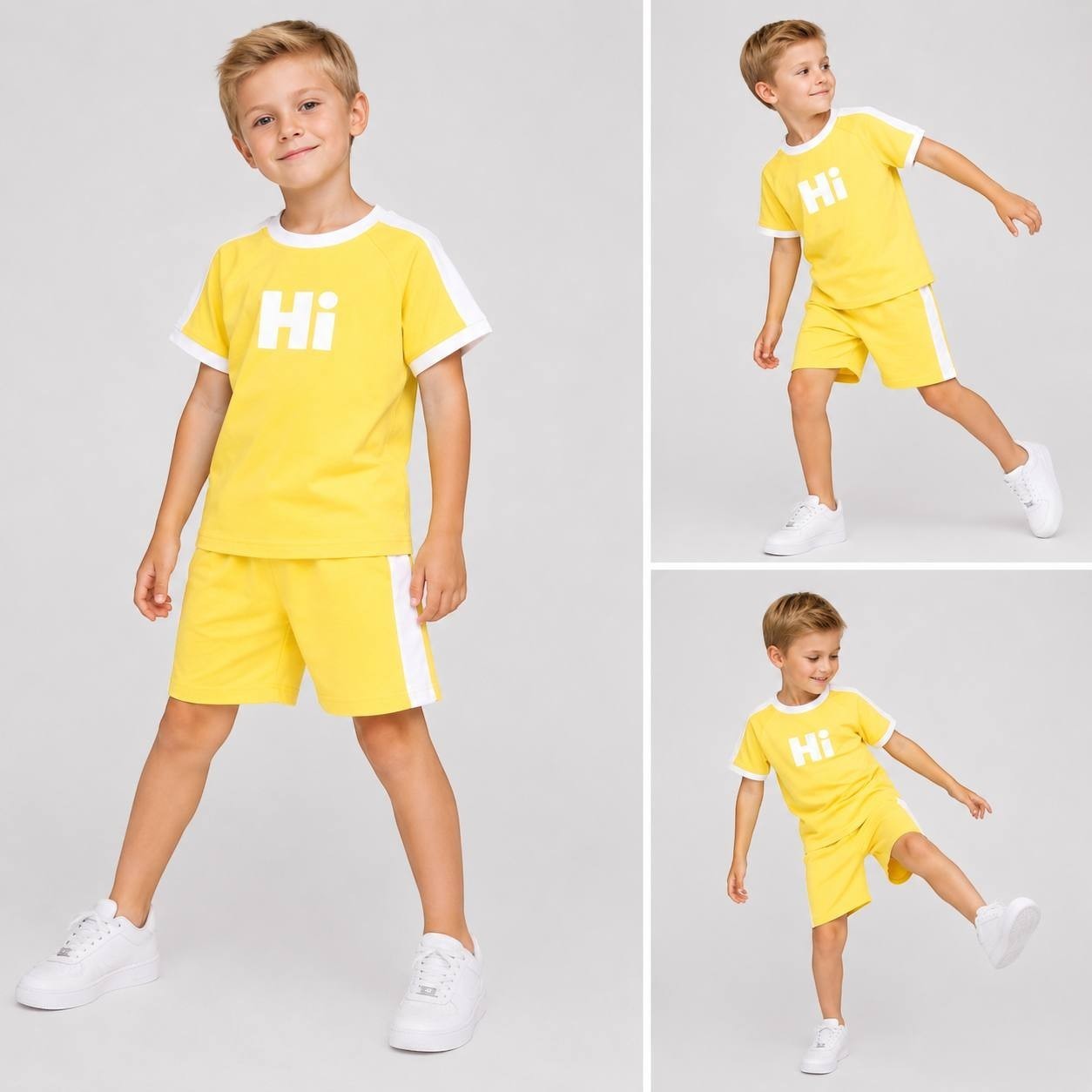 The Nile Luxuries yellow short-sleeve t-shirt and shorts set with white side stripes and Hi graphic on a young boy.