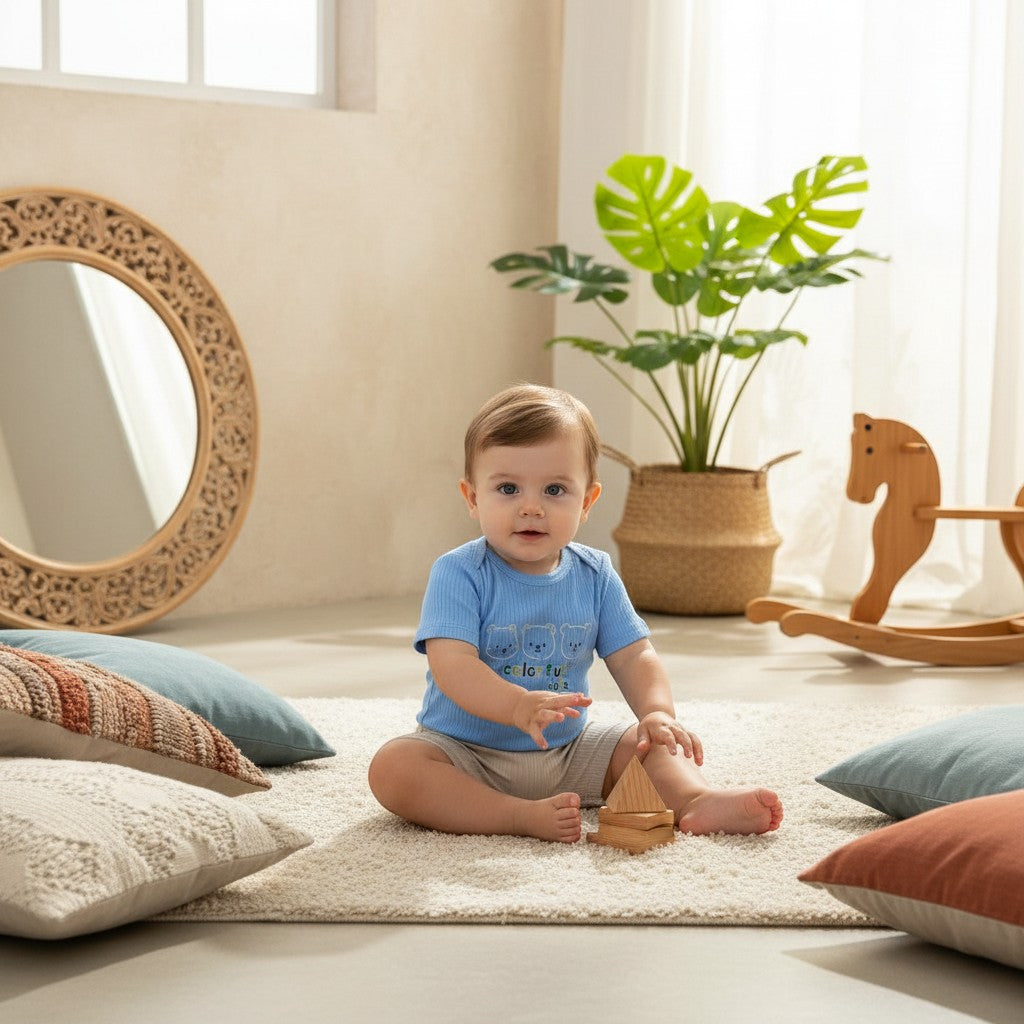 The Nile Luxuries blue ribbed knit baby bodysuit with bear graphic and beige shorts set.