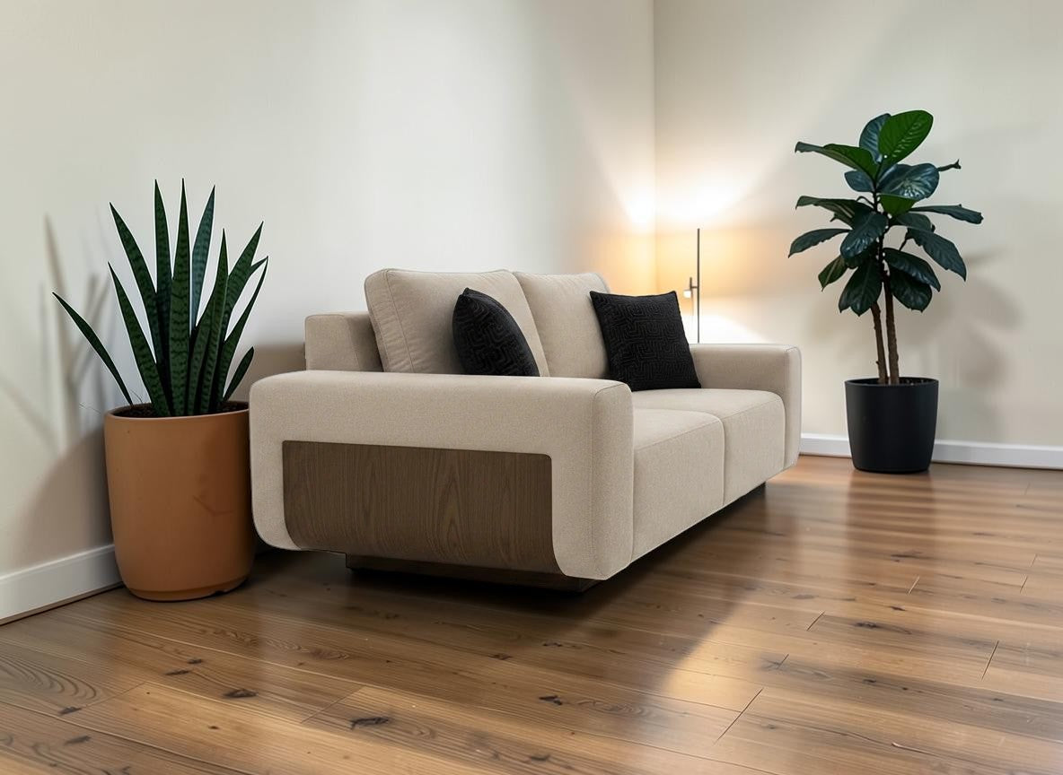 The Nile Luxuries modern beige fabric sofa with wooden side accents and black decorative pillows.