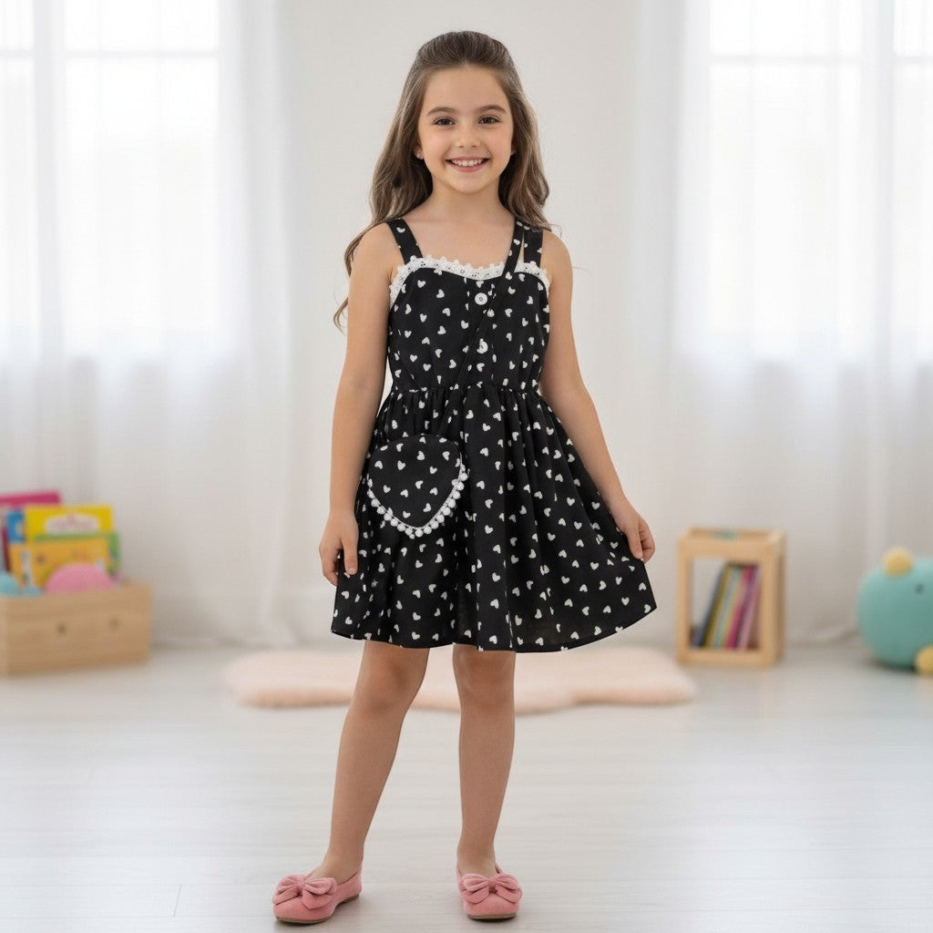 The Nile Luxuries girls black heart print sundress with lace trim and matching purse. Sleeveless with adjustable straps.