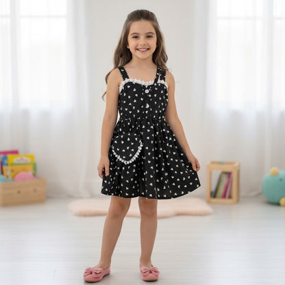 The Nile Luxuries girls black heart print sundress with lace trim and matching purse. Sleeveless with adjustable straps.