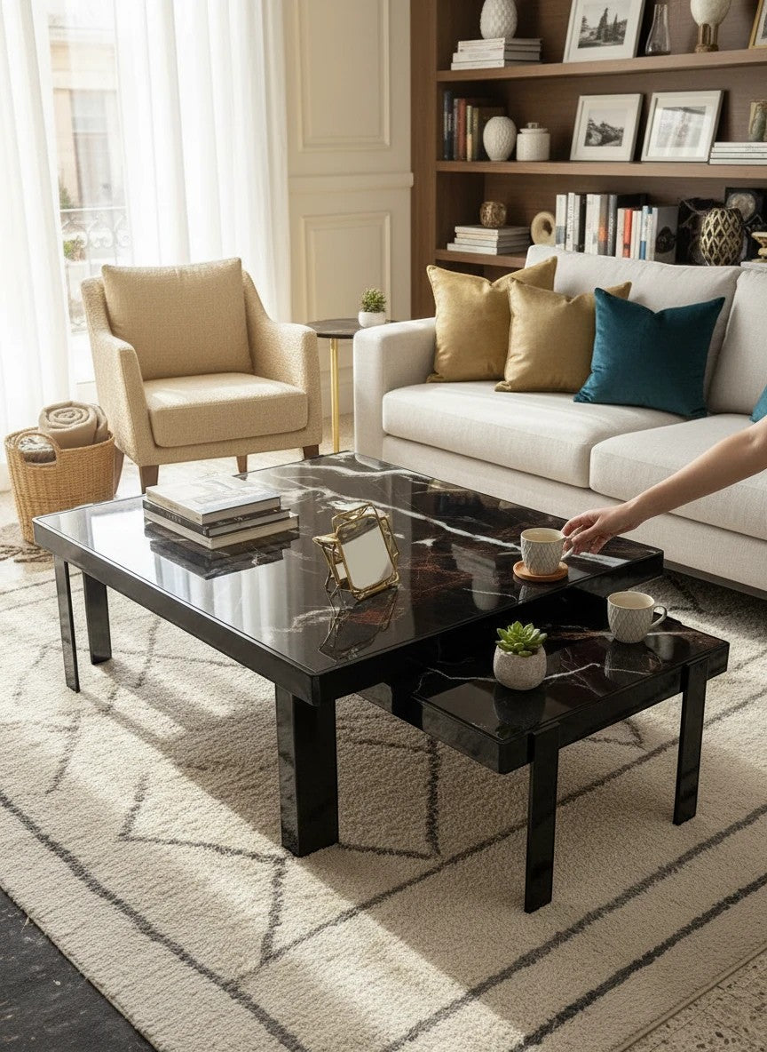 The Nile Luxuries nesting accent tables with black marble-effect tops and black metal legs.