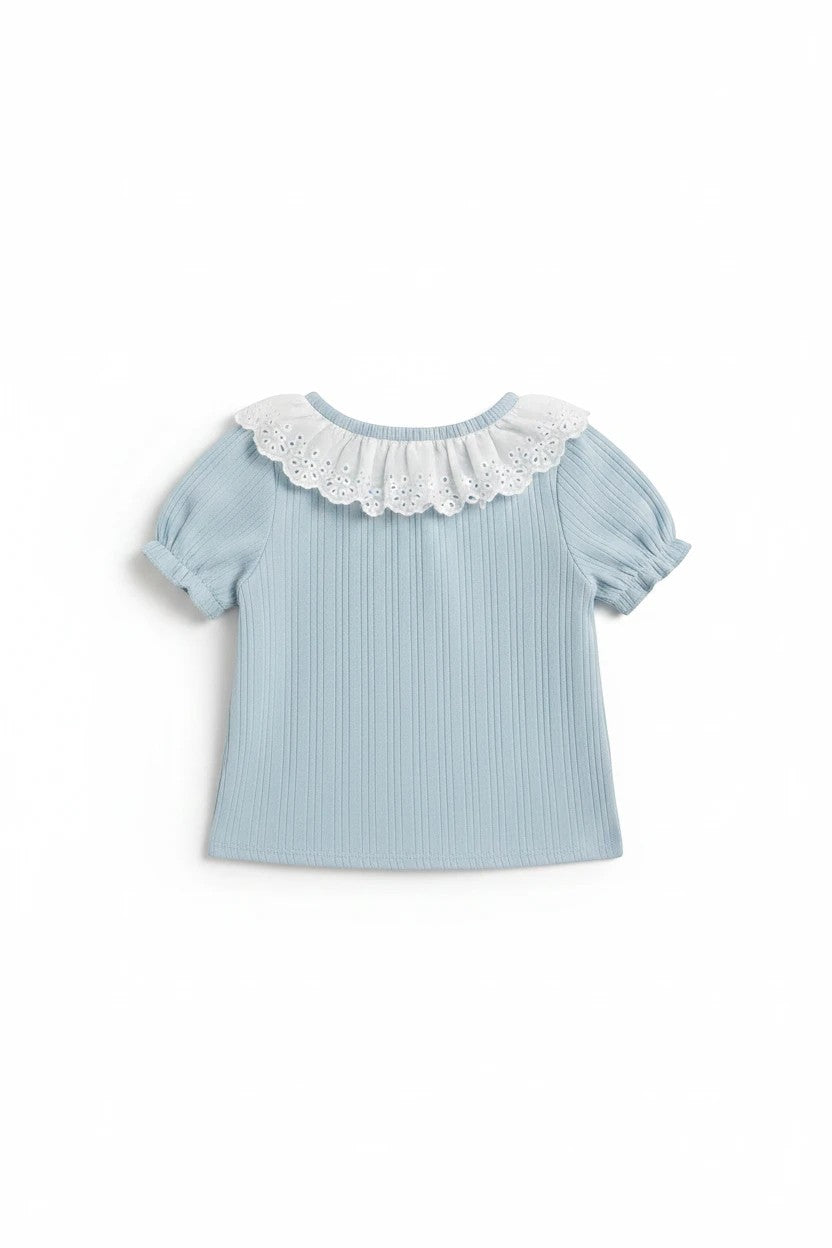 The Nile Luxuries light blue ribbed knit top with puff sleeves and white eyelet lace collar for girls.