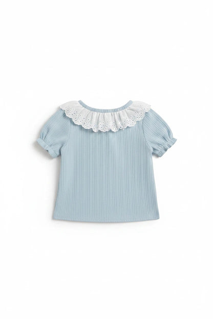 The Nile Luxuries light blue ribbed knit top with puff sleeves and white eyelet lace collar for girls.