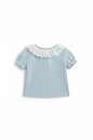 The Nile Luxuries light blue ribbed knit top with puff sleeves and white eyelet lace collar for girls.