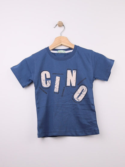 The Nile Luxuries blue cotton t-shirt for kids with a graphic print featuring large letters and abstract design.