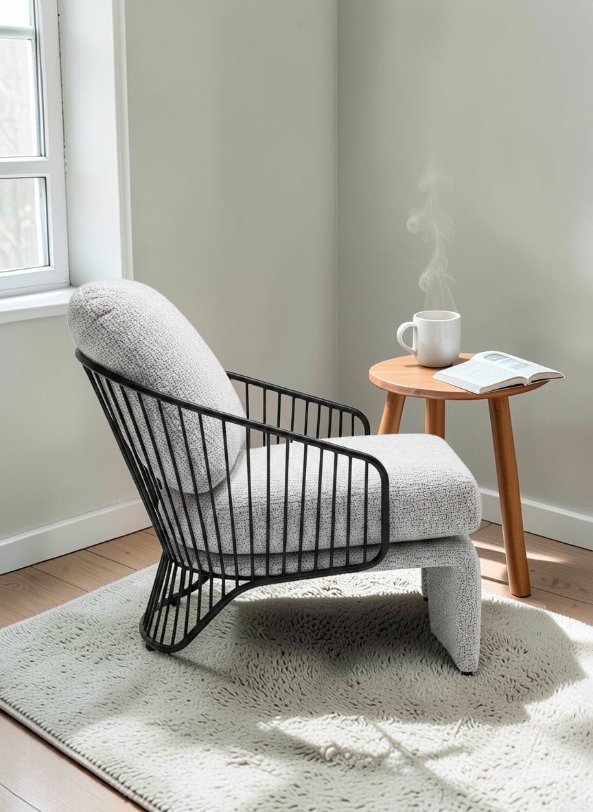 The Nile Luxuries light grey boucle armchair with a black metal cage frame and curved legs. Modern accent chair.