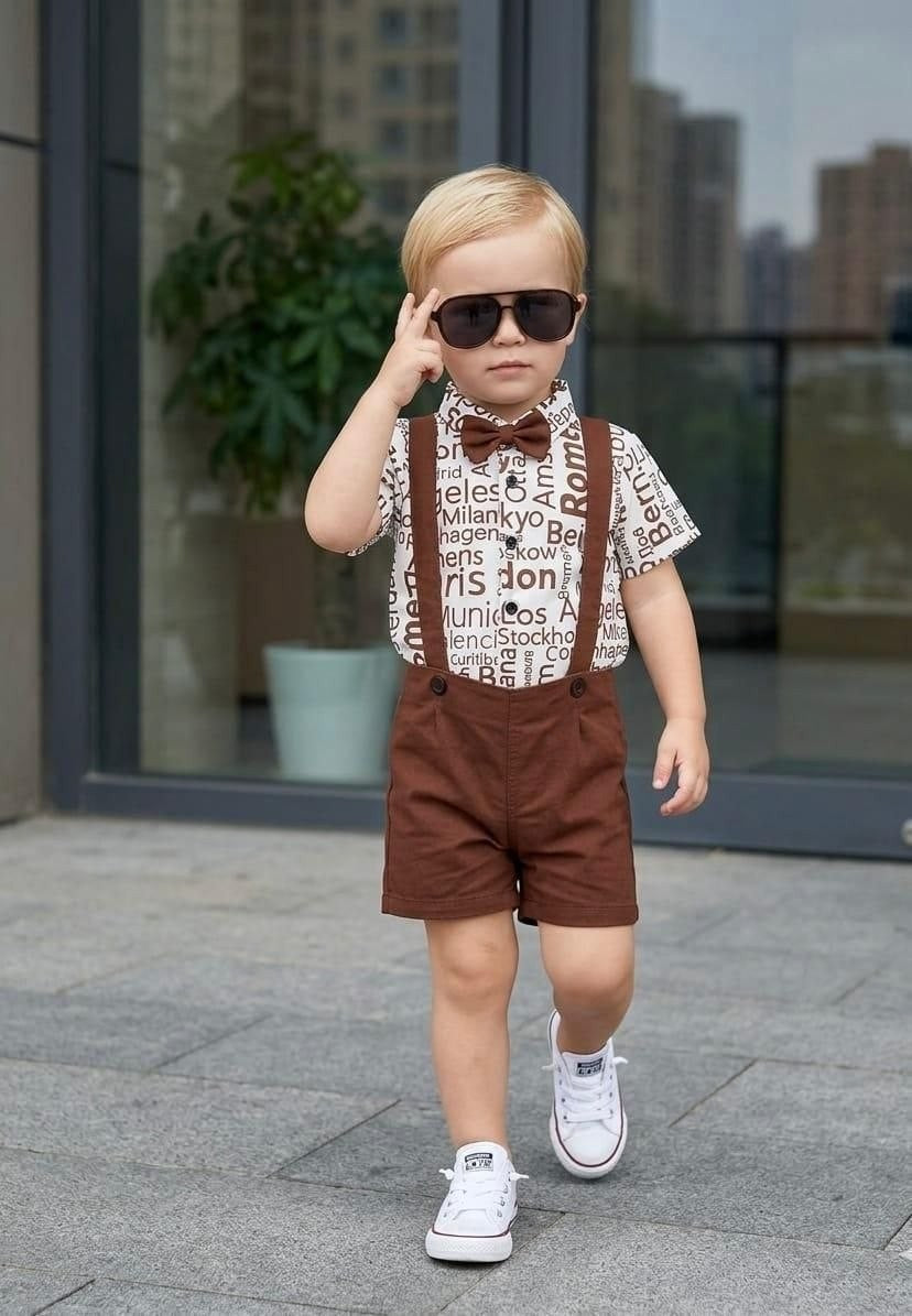 The Nile Luxuries boys brown shorts and white text print shirt set with suspenders and bow tie.