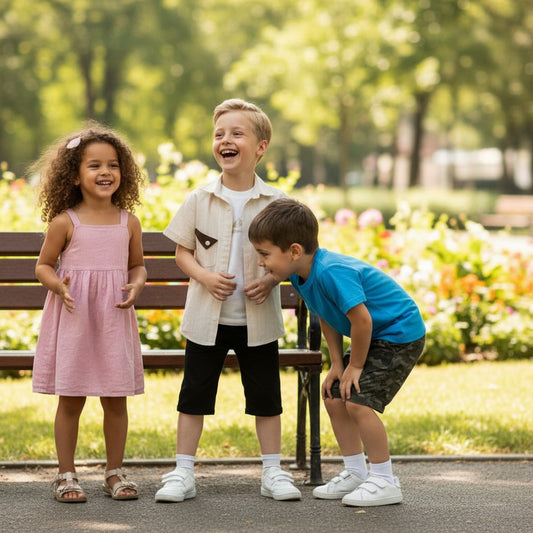The Nile Luxuries boys' cream vertical stripe short sleeve shirt with camp collar and triangular pocket detail.