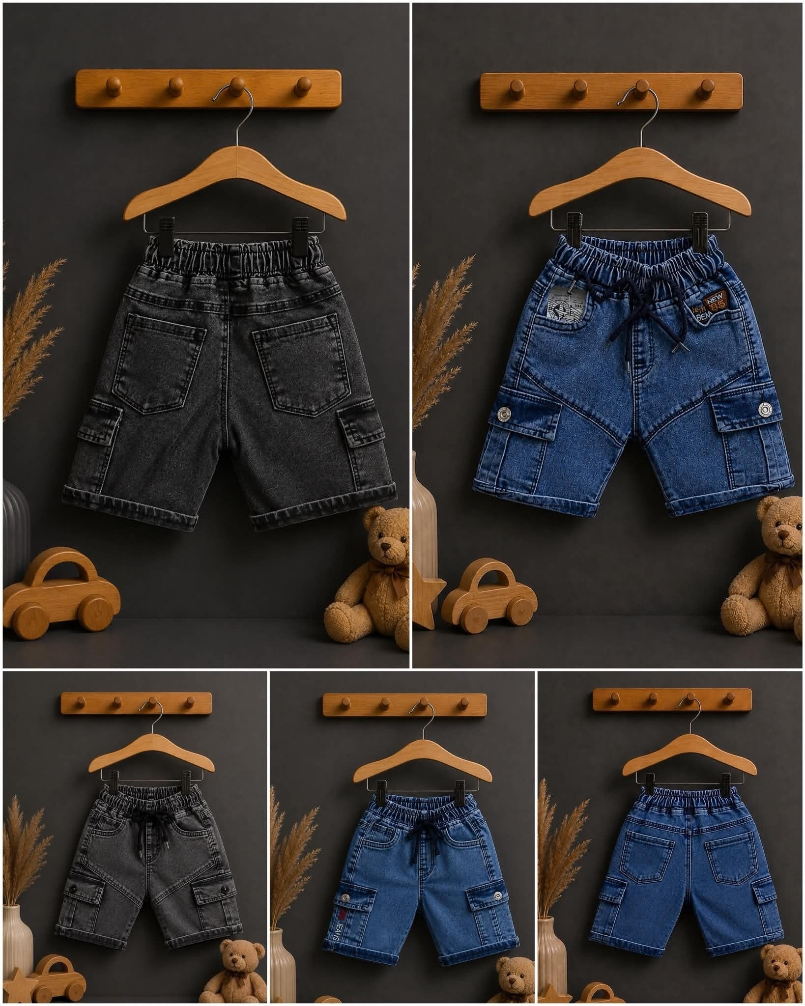 The Nile Luxuries boys' blue and charcoal denim cargo shorts with elastic waistband and drawstring. Multiple pockets.