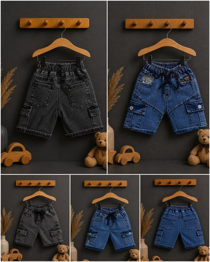 The Nile Luxuries boys' blue and charcoal denim cargo shorts with elastic waistband and drawstring. Multiple pockets.