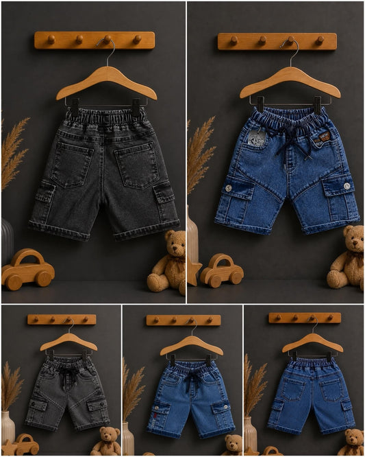 The Nile Luxuries boys' blue and charcoal denim cargo shorts with elastic waistband and drawstring. Multiple pockets.