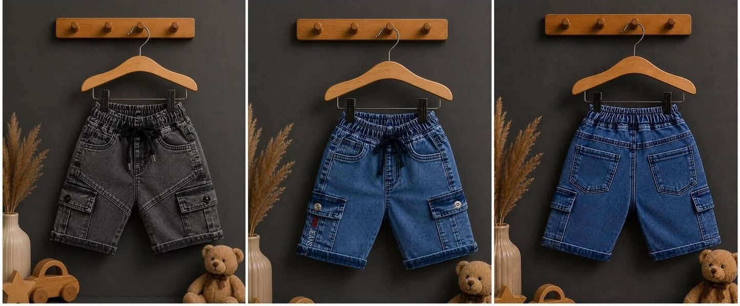 The Nile Luxuries boys' blue denim cargo shorts with elastic waistband and drawstring, featuring multiple pockets.