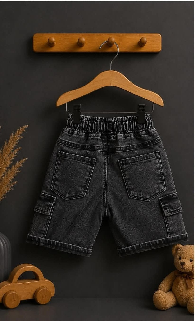 The Nile Luxuries charcoal grey denim cargo shorts for boys with elastic waistband and multiple pockets.