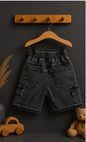 The Nile Luxuries charcoal grey denim cargo shorts for boys with elastic waistband and multiple pockets.