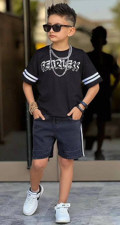 The Nile Luxuries boys' dark wash denim shorts with white side stripes and elastic drawstring waist.