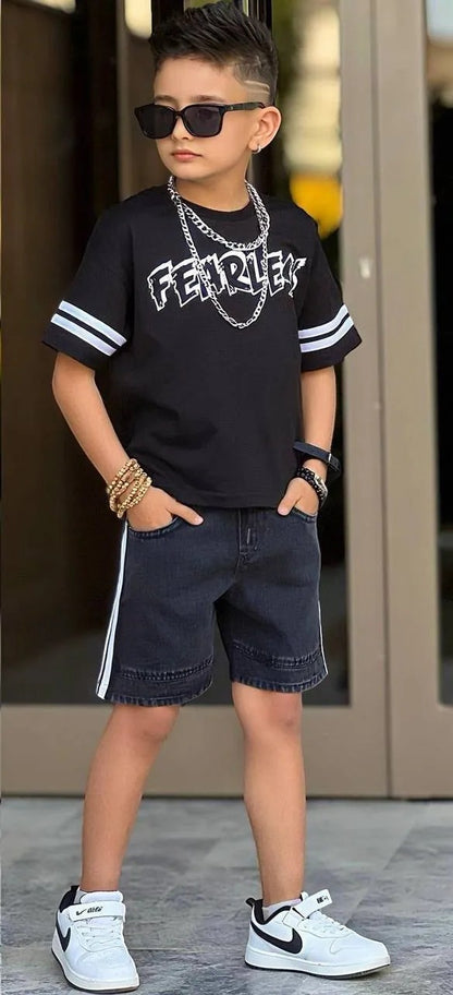 The Nile Luxuries boys' dark wash denim shorts with white side stripe detail and elastic waistband.