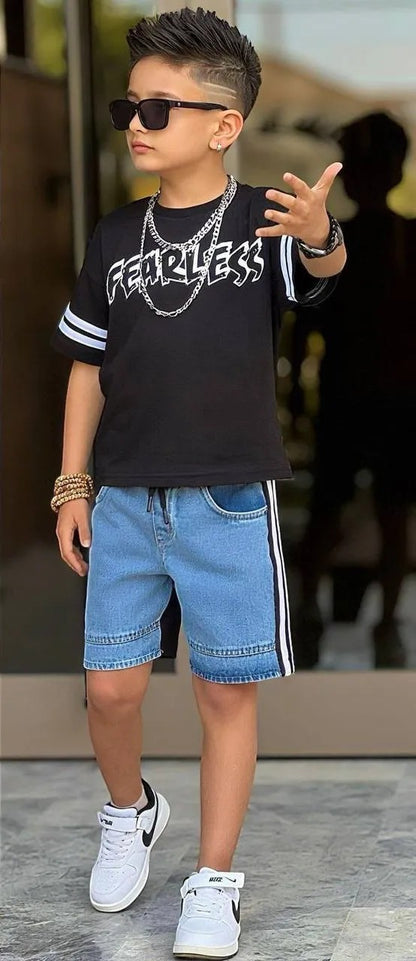 The Nile Luxuries boys' light wash denim shorts with black and white side stripes and drawstring waist.