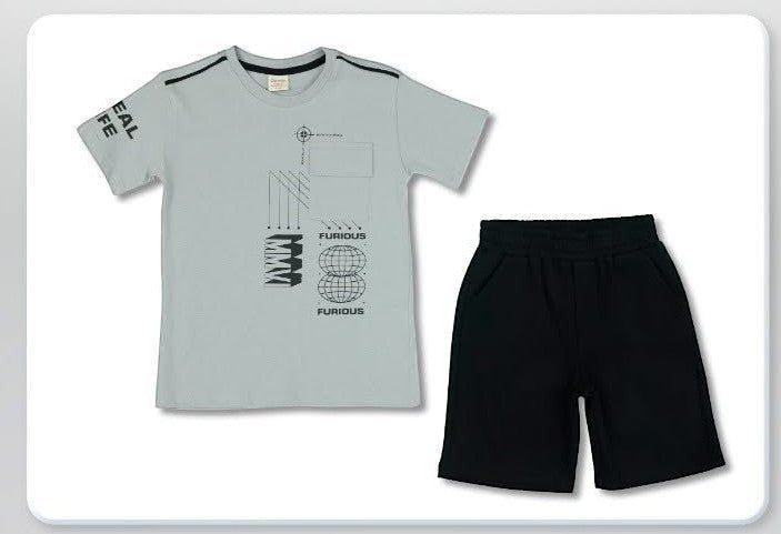The Nile Luxuries light grey graphic print t-shirt with black shorts set for boys. Cotton blend with abstract graphics and elastic waistband.