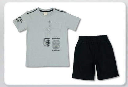 The Nile Luxuries light grey graphic print t-shirt with black shorts set for boys. Cotton blend with abstract graphics and elastic waistband.