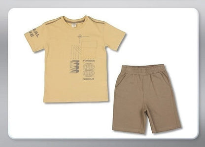 The Nile Luxuries boys' yellow graphic print t-shirt with chest pocket and khaki shorts set. Cotton.