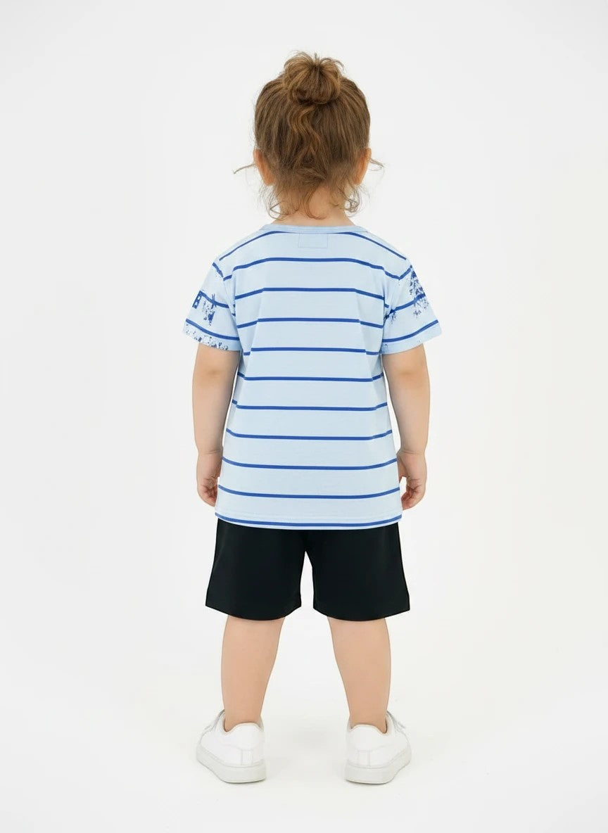 The Nile Luxuries light blue striped t-shirt and black shorts set for boys, featuring graphic print on sleeves.