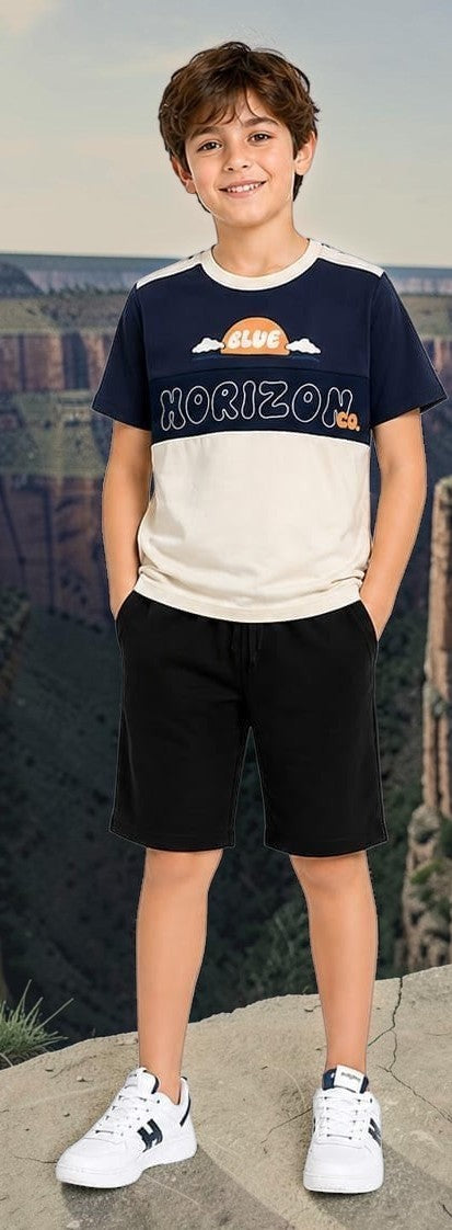 The Nile Luxuries boys' blue, beige, and navy graphic t-shirt with "HORIZON" text and black shorts. Cotton blend.