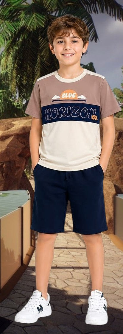 The Nile Luxuries boys' color-block t-shirt with "HORIZON" graphic and navy shorts. Cotton blend.