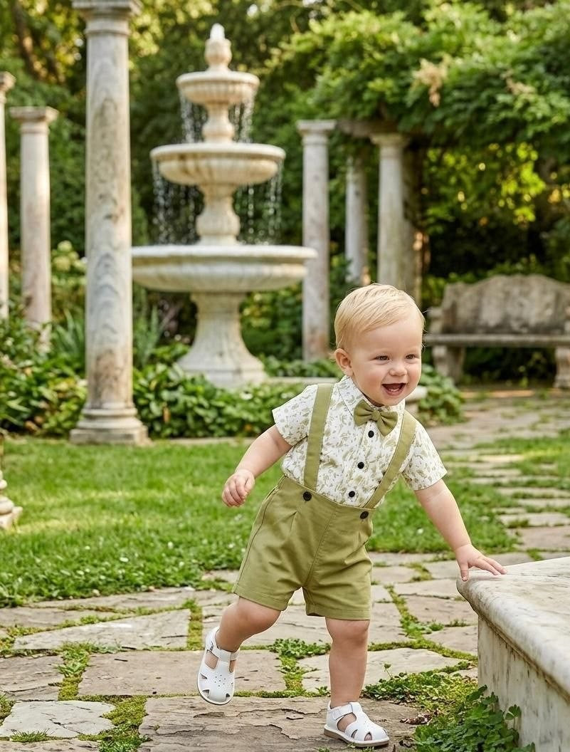 The Nile Luxuries boys' olive green shorts and palm print shirt set with suspenders and bow tie.