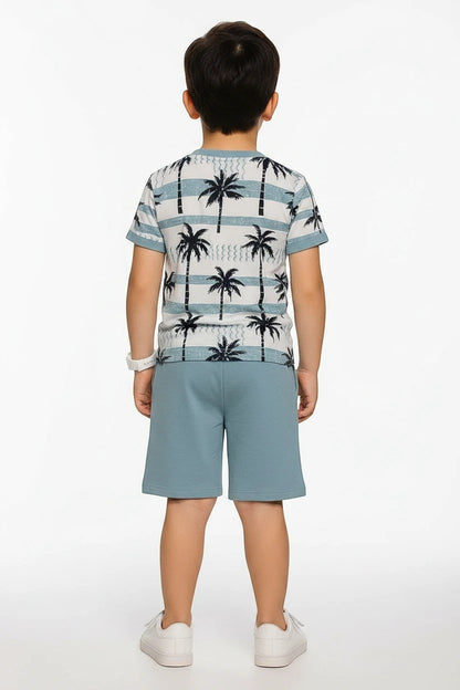 The Nile Luxuries boys' blue palm tree print t-shirt and shorts set. Soft, breathable fabric.