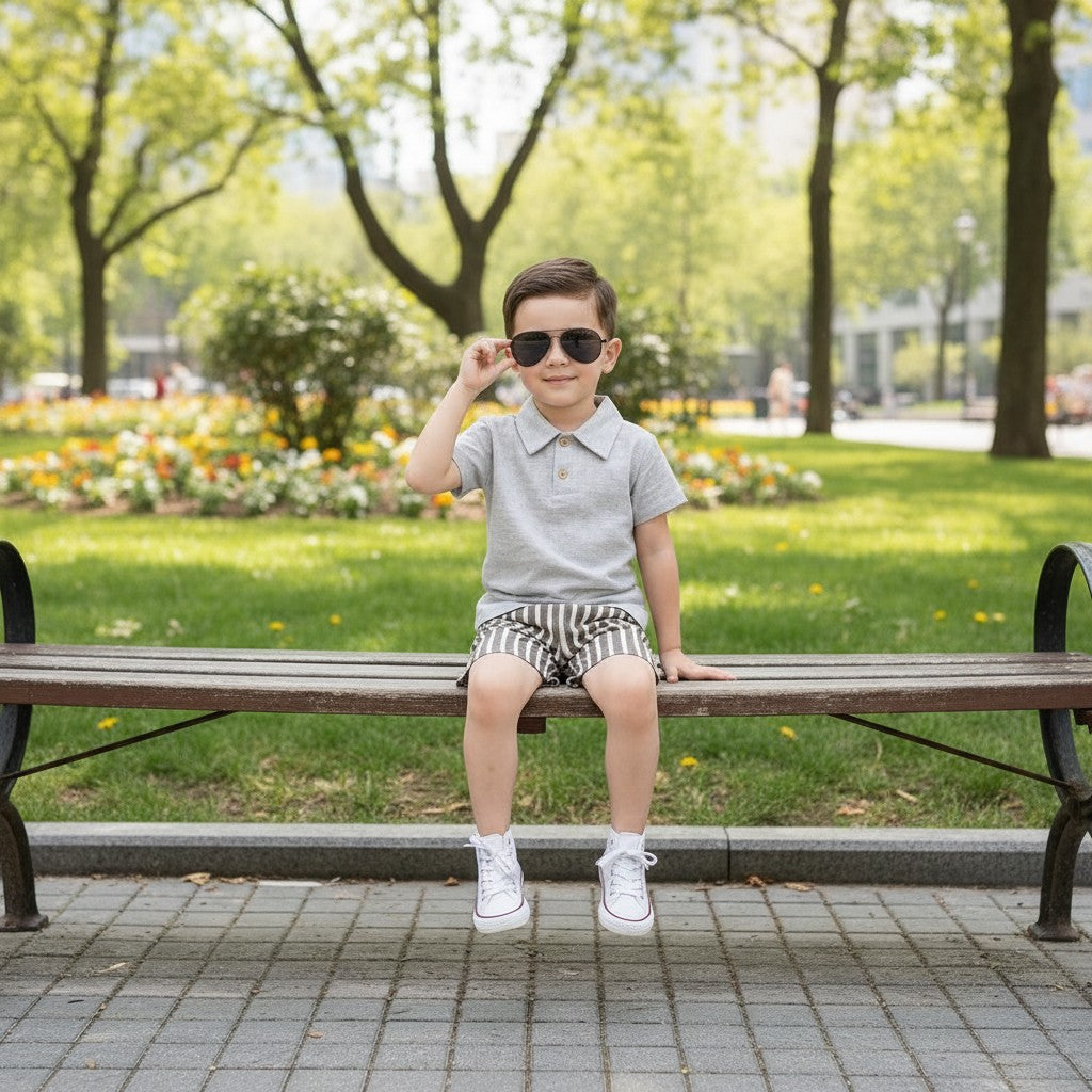 The Nile Luxuries boys' grey linen-blend polo shirt with brown and white striped shorts. Features a two-button placket and elastic waistband.
