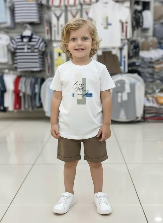The Nile Luxuries boys white cotton t-shirt with graphic print and brown shorts set.