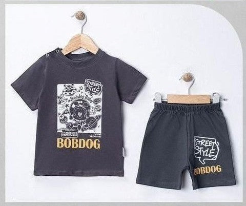 The Nile Luxuries charcoal grey cotton t-shirt and shorts set with cartoon graphic and "Bobdog Baby" text.