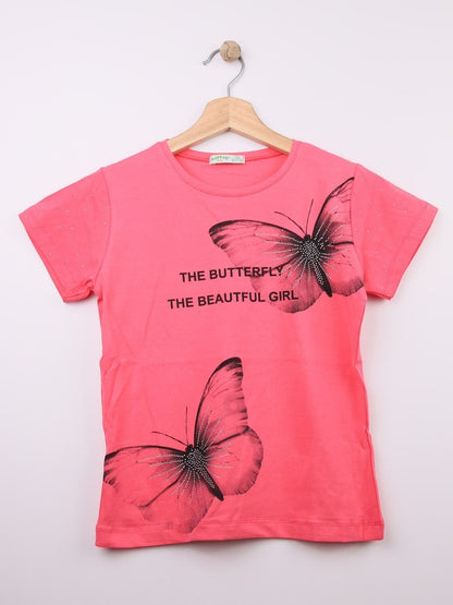 The Nile Luxuries coral cotton blend t-shirt with rhinestone butterfly graphic and text.