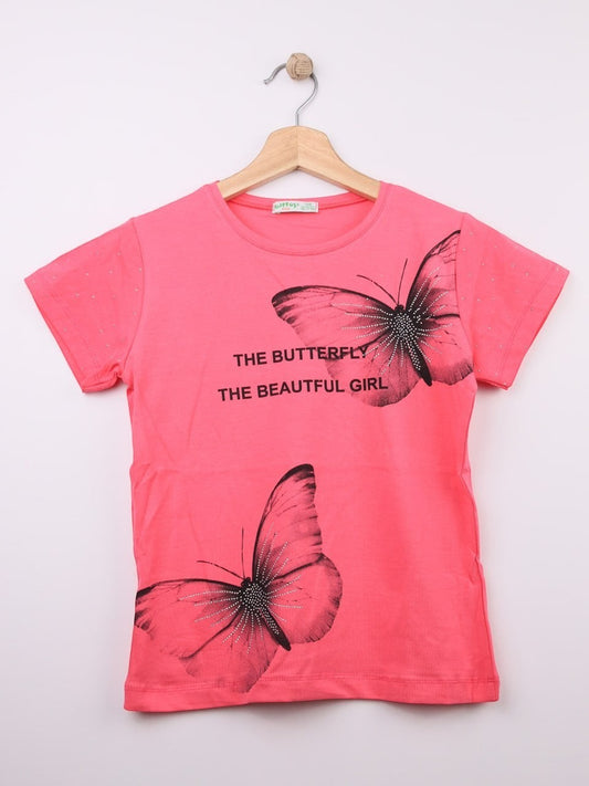 The Nile Luxuries coral cotton blend t-shirt with rhinestone butterfly graphic and text.