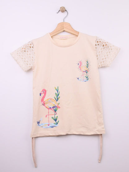 The Nile Luxuries cream cotton t-shirt with flamingo graphic and lace sleeves