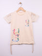 The Nile Luxuries cream cotton t-shirt with flamingo graphic and lace sleeves