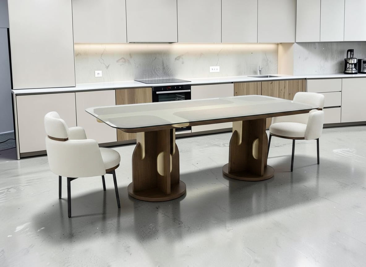 The Nile Luxuries cream upholstered dining chairs with wooden trim and black metal legs beside a glass top dining table.