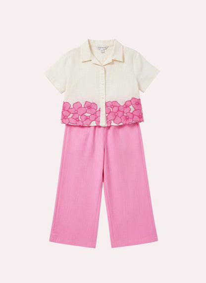 The Nile Luxuries girls' cream cropped shirt with floral embroidery and pink wide-leg pants set.