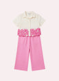 The Nile Luxuries girls' cream cropped shirt with floral embroidery and pink wide-leg pants set.