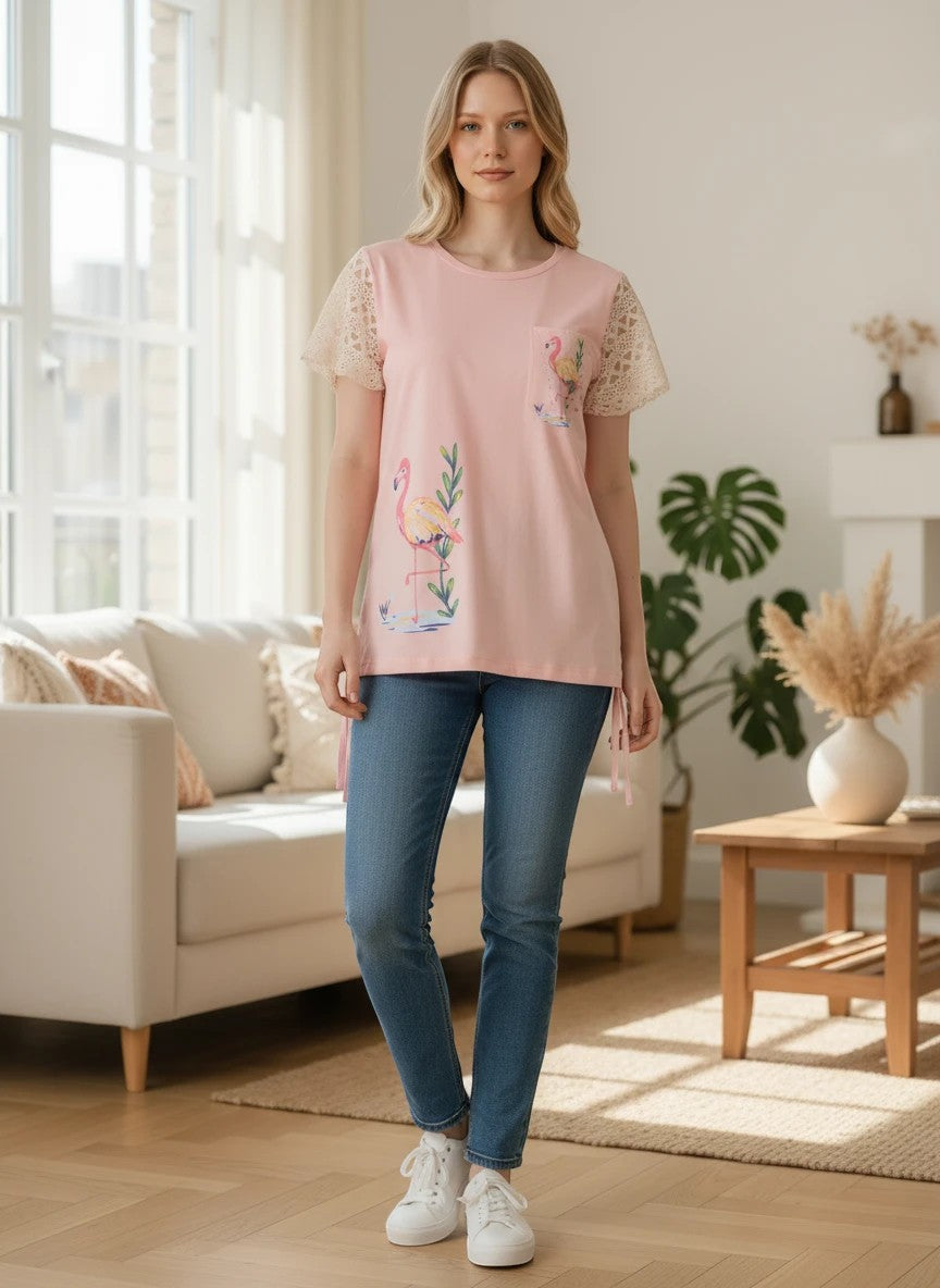 The Nile Luxuries pink cotton t-shirt with flamingo graphic and lace sleeves