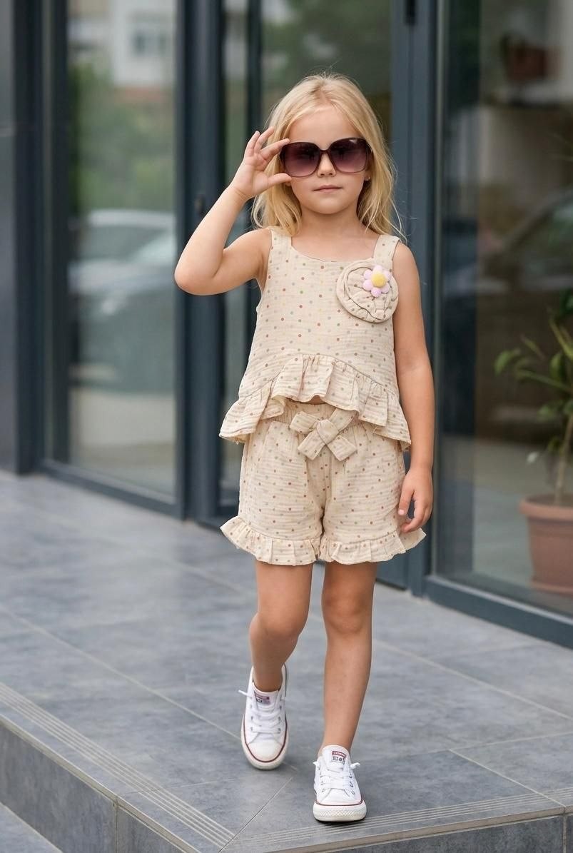 The Nile Luxuries Girls beige polka dot cotton blend shorts set with ruffle trim and floral applique.