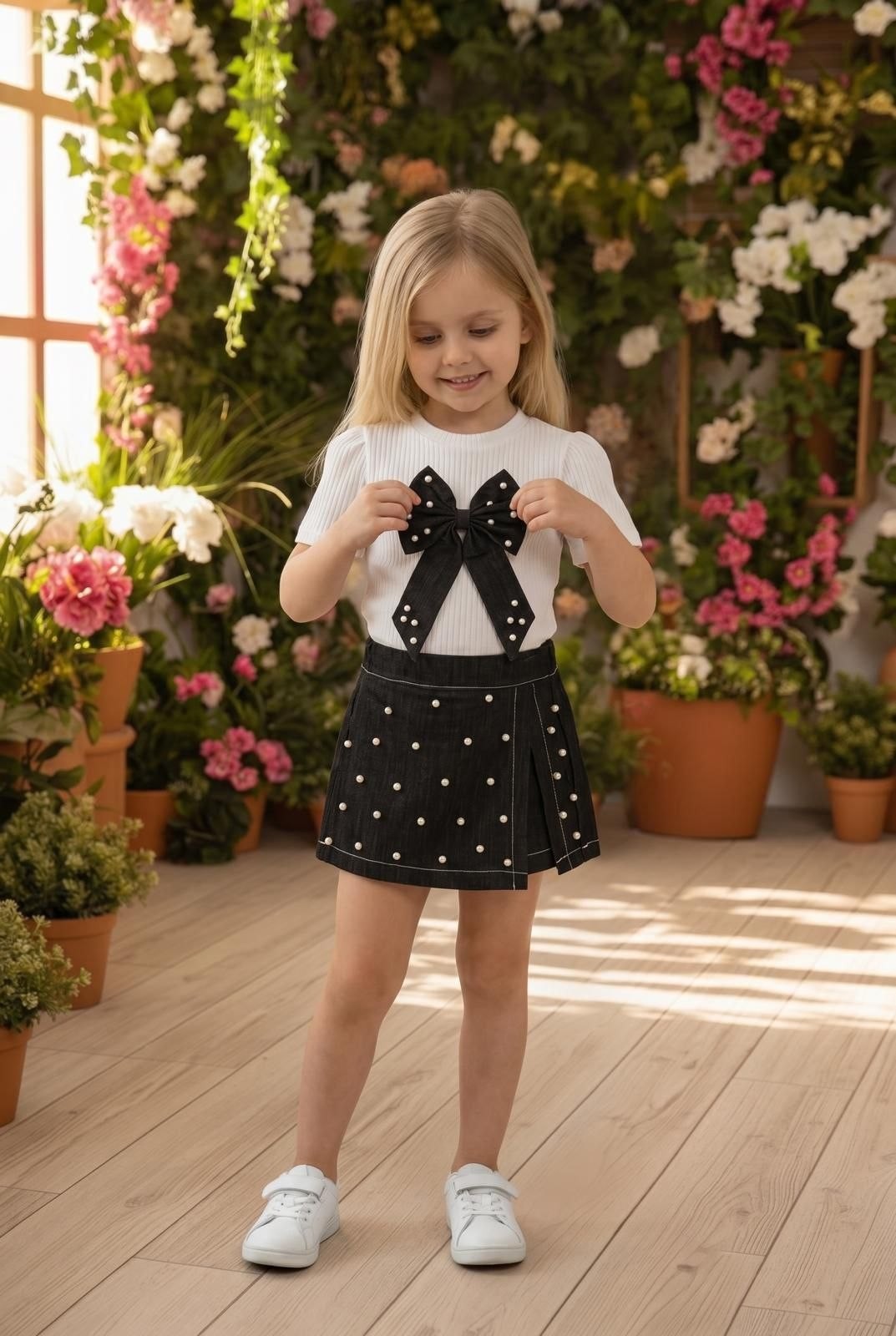 The Nile Luxuries girls' black denim A-line skirt with pearl embellishments and pleats.